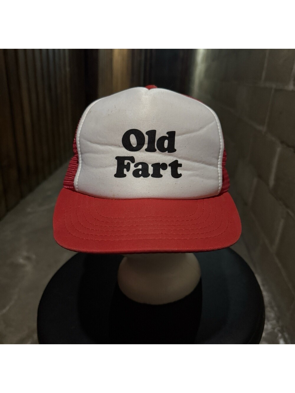 Vintage 80’s Old Fart Trucker Snapback Hat Red White Mesh Novelty Gag Gift Cap